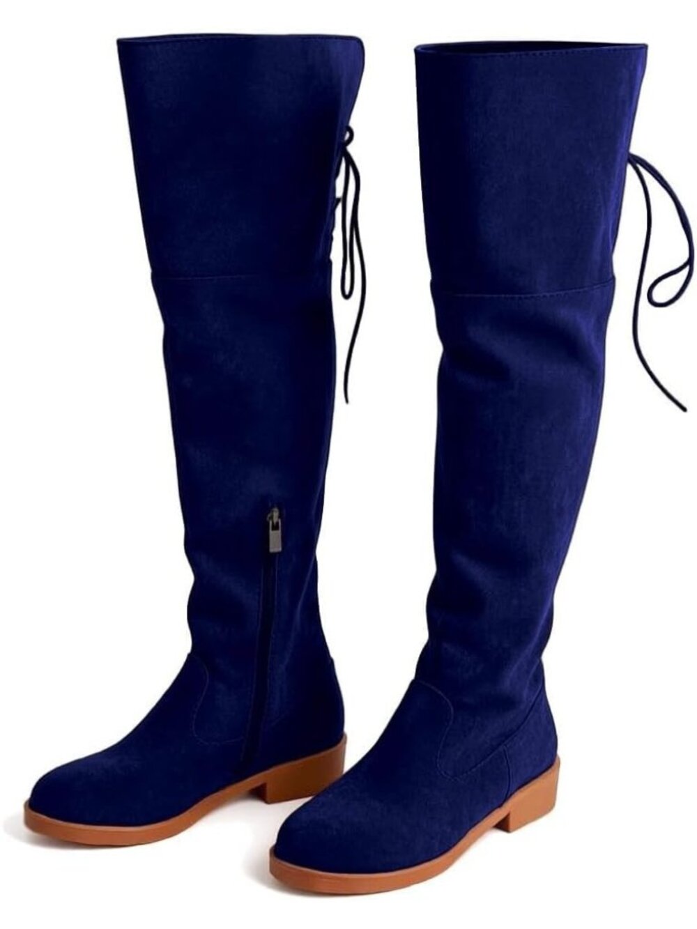 Women's Navy Blue Faux Suede Back Lace Wide Calf Over-the-Knee Thigh-High Boots